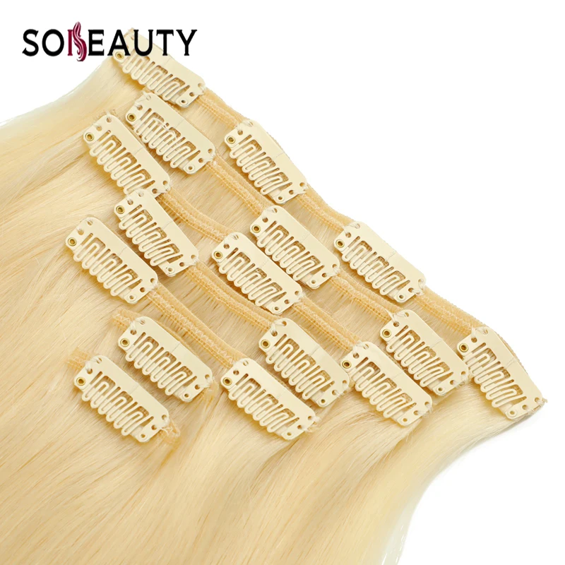 sobeauty 100% Brazilian Real Remy Hair #613 Blonde 14'✖'✘ Straight Clip In Human Extensions natural hair clip ins |