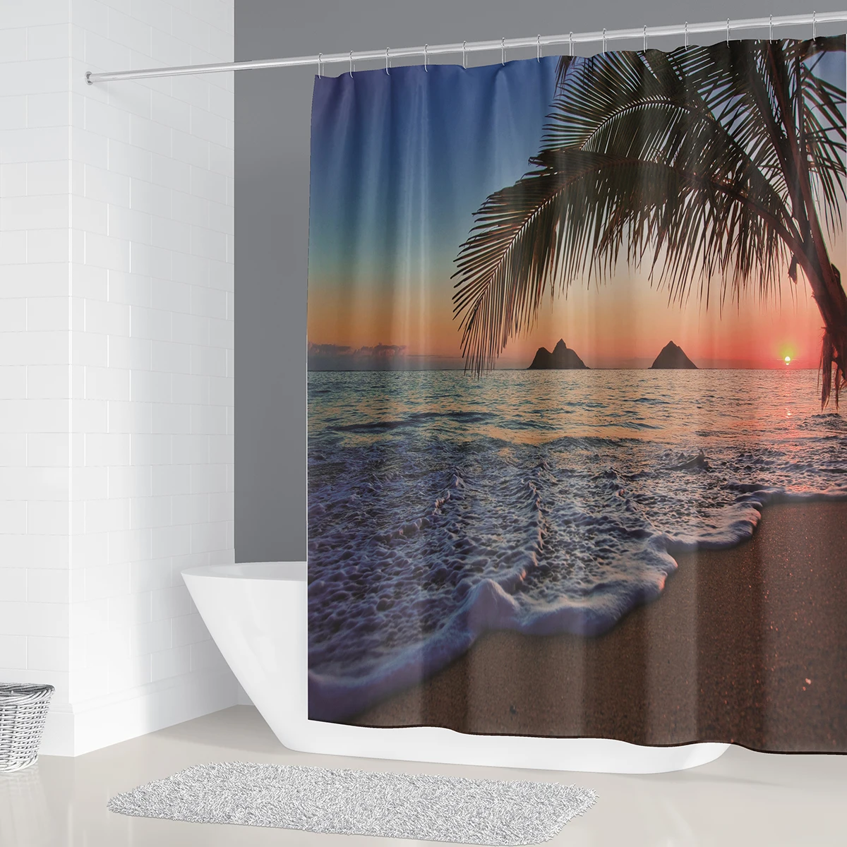 Штора для душа с 12 крючками водонепроницаемая тканевая занавеска пляжа Морского