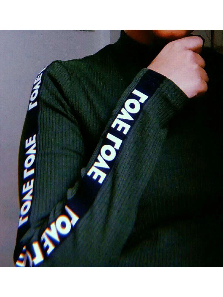 Dotfashion черная трикотажная футболка с длинными рукавами и надписями, Женская Повседневная осенняя одежда, модные топы, футболка с воротником-стойкой