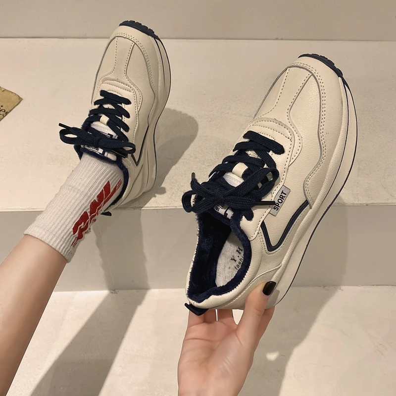 

DLEK Fashion Sneakers Solid Lace-up Plush Female Shoes Comfort Winter Non-slip PU Upper Appliques Women Sports Shoes