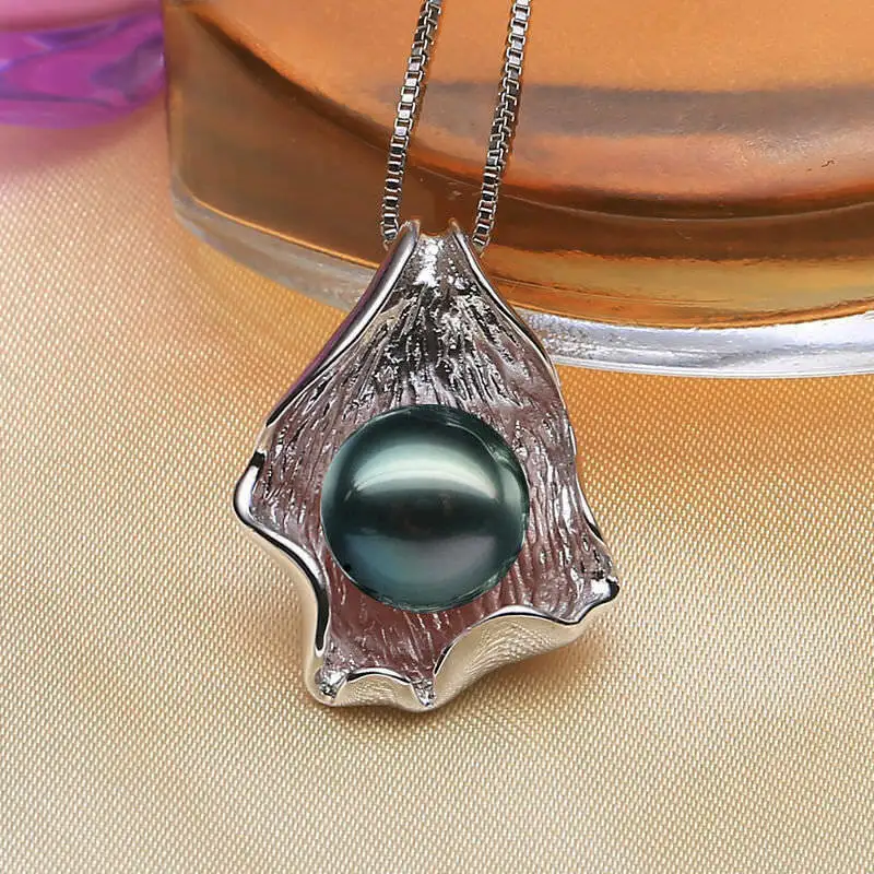 

10mm Shell Pearl Silver Leaf Pendant Necklace 18"