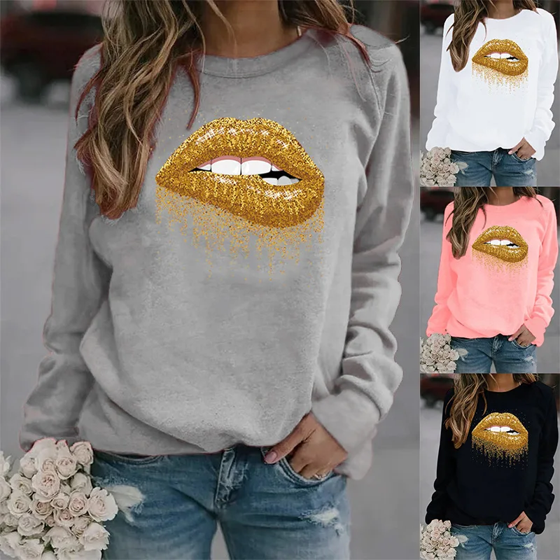 

Женская толстовка с капюшоном, свободная флисовая толстовка с длинным рукавом и круглым вырезом, с принтом золотых губ, зимние пуловеры для ...