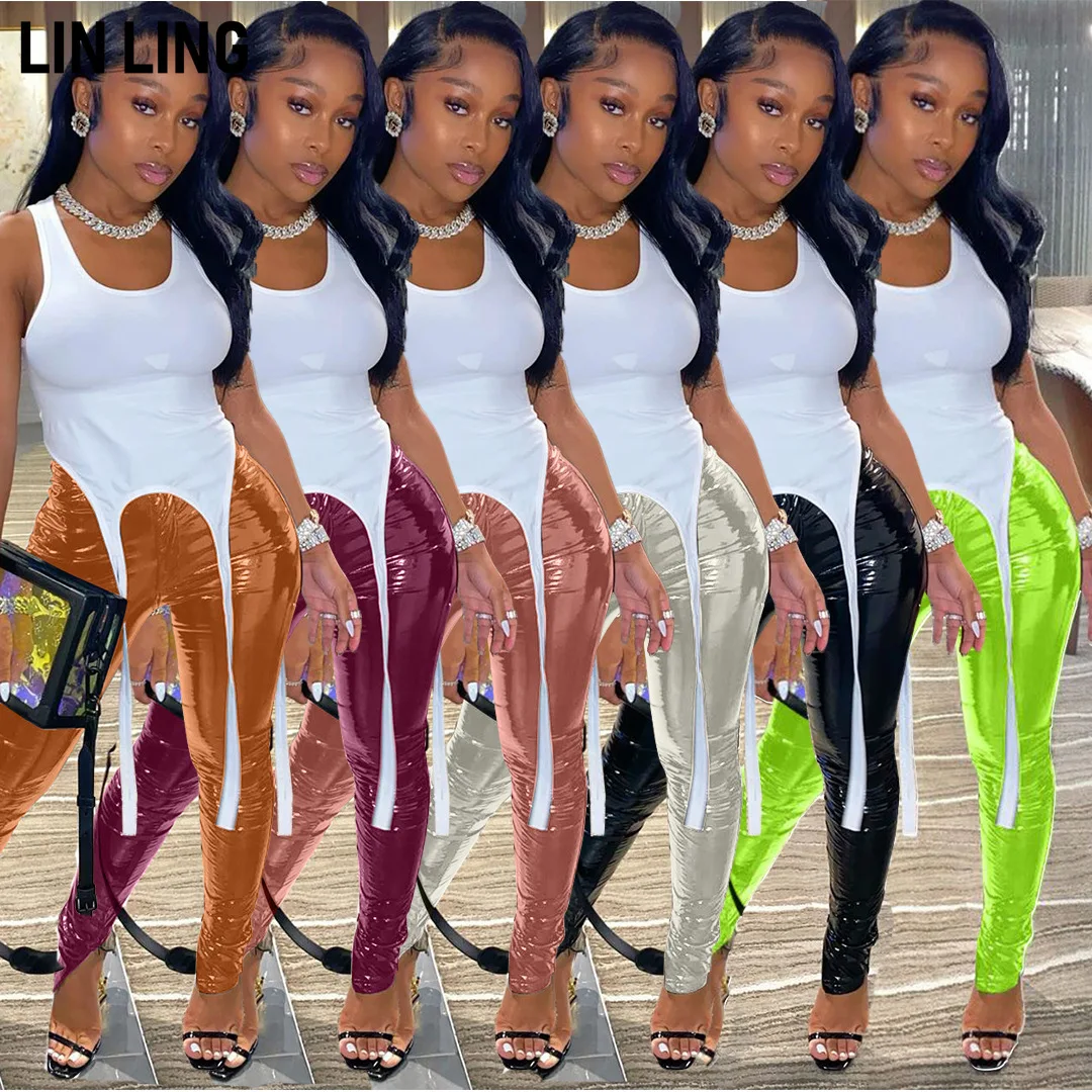

LINLING High Waist Button Slit Solid Bright Leather Bodycon Fashion Temperament Pencil Leather Pants Streetwear Women