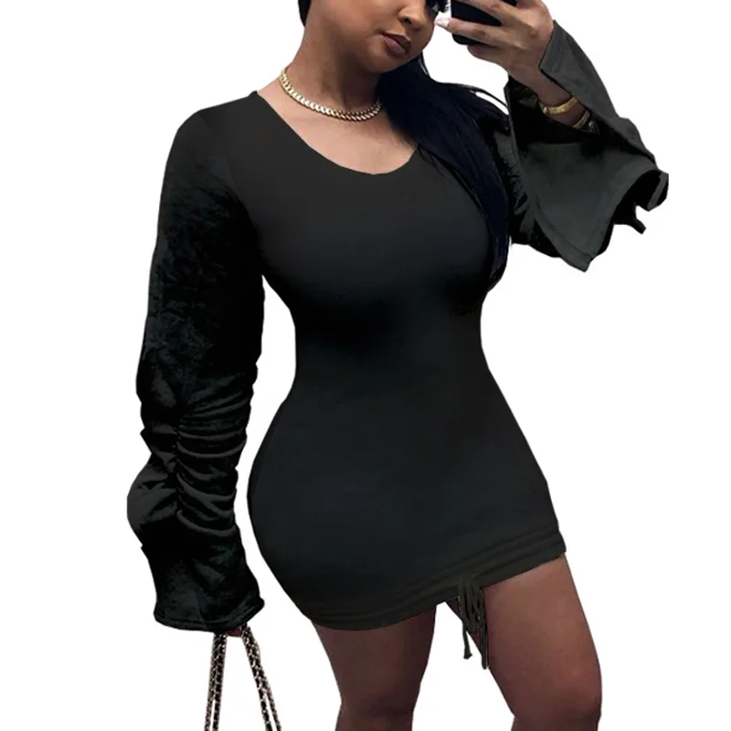 Осеннее платье 2019 новинка о образный вырез длинный рукав пэчворк шнурок