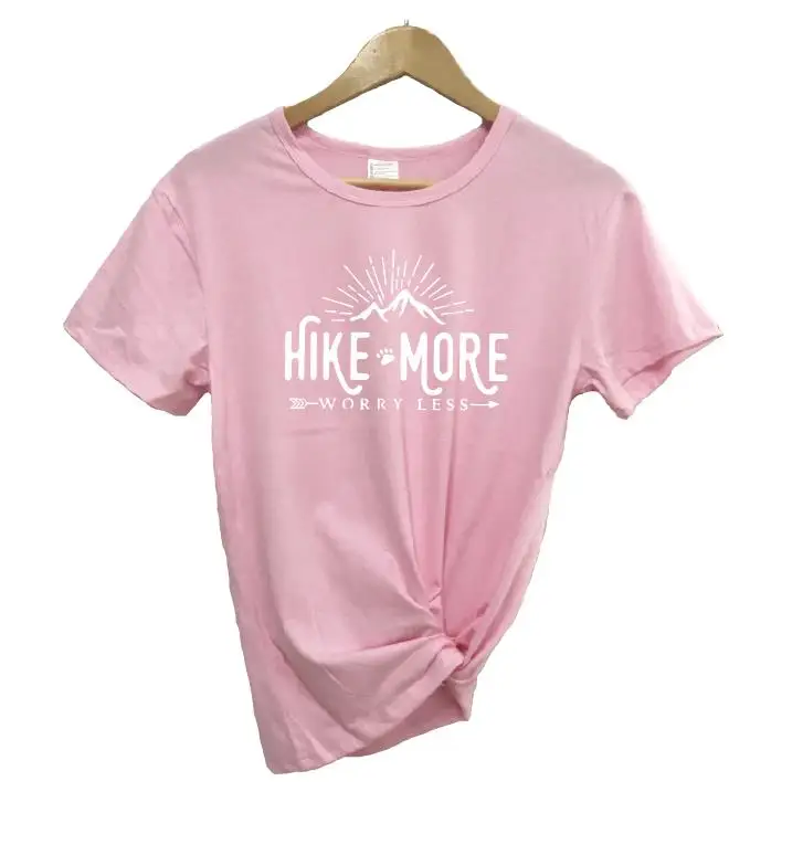 Hike More Worry Less футболка на открытом воздухе Wanderlust Футболка женская Стрела Приключения Кемпинг природа Топ Футболка короткий рукав женские топы - Цвет: pink t white words