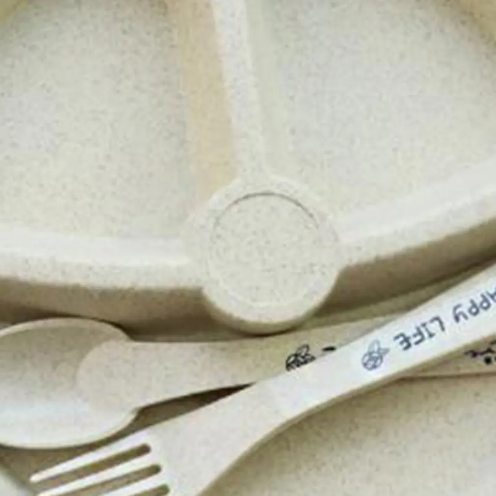 Cubs Children's Dinner Set Wheat Straw Creative Tableware Baby Dish Tray Breakfast Addition Fork and Spoon | Дом и сад