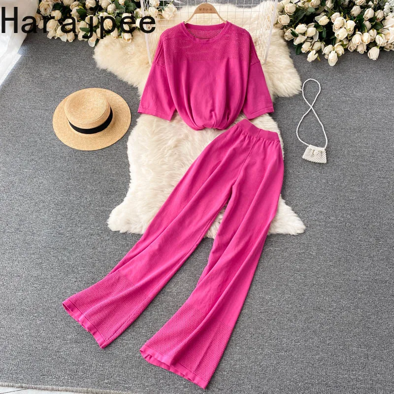 

Harajpee Leisure Home Clothing Suit Women's Autumn Hollow Out Retro Long Sleeve Top High Waist Wide Leg Pants Two-piece Sets