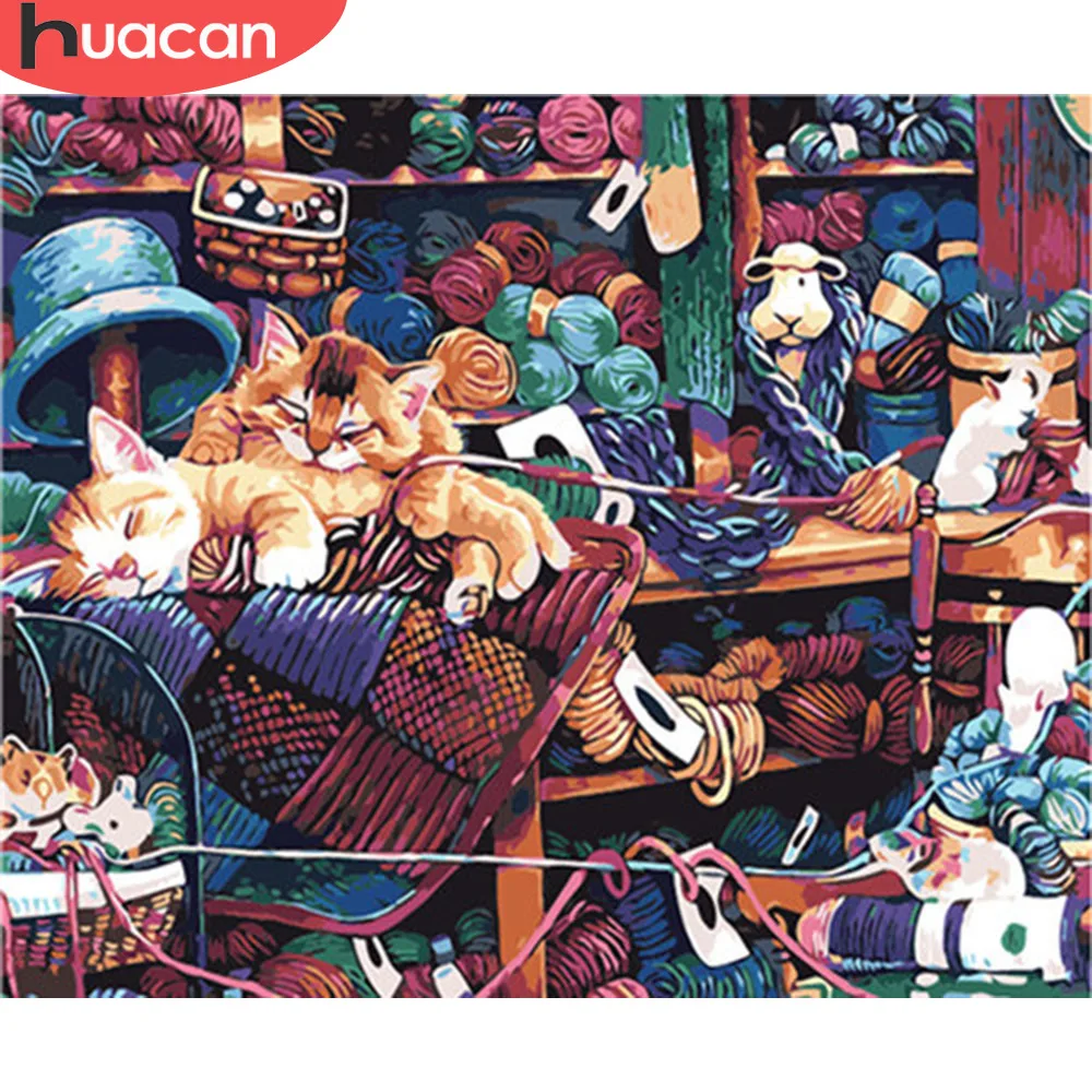 HUACAN DIY Рисование по номерам кошка животные расписанные вручную наборы холст