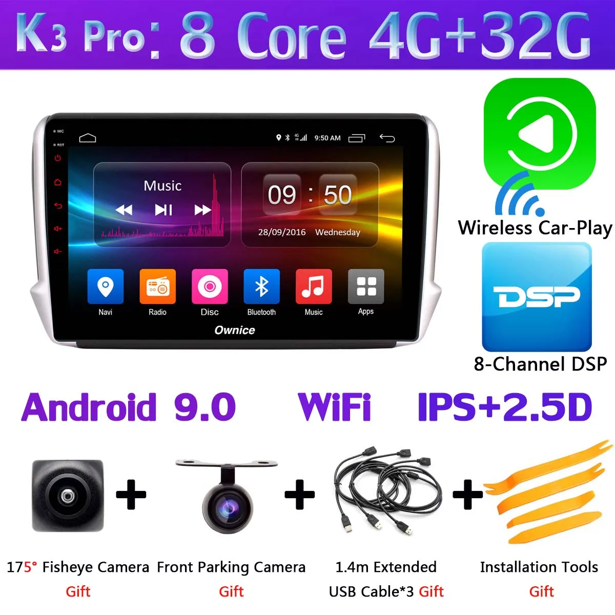1din 360 ° панорамная камера 4G SIM WiFi Android 9,0 4 Гб+ 64 Гб DSP CarPlay Автомобильный плеер для peugeot 2008 208- gps радио - Цвет: K3 Pro CarPlay