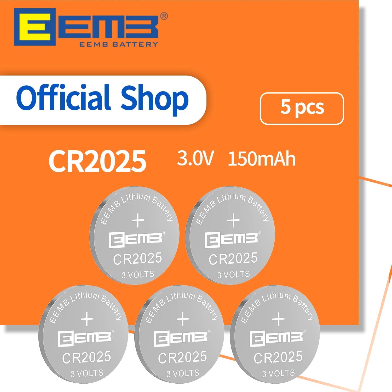 EEMB 5CS Button Battery CR2025 3V Lithium Batteries 150mAh Non-Rechargeable Coin Cell Battery for Watch Calculator Tablets Key