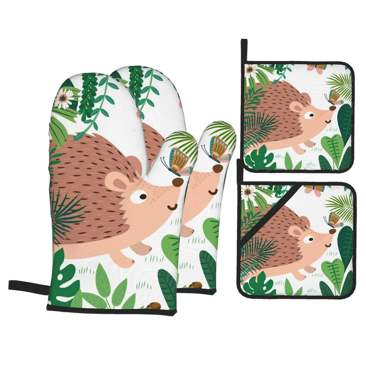 

4 Set of Kitchen Gloves Insulation Cute Hedgehog In Forest Pad Cooking Microwave Gloves Baking BBQ Oven Potholders Mitts