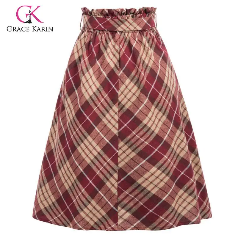 Женская плиссированная юбка-трапеция Grace Karin винтажная клетчатая до колена с