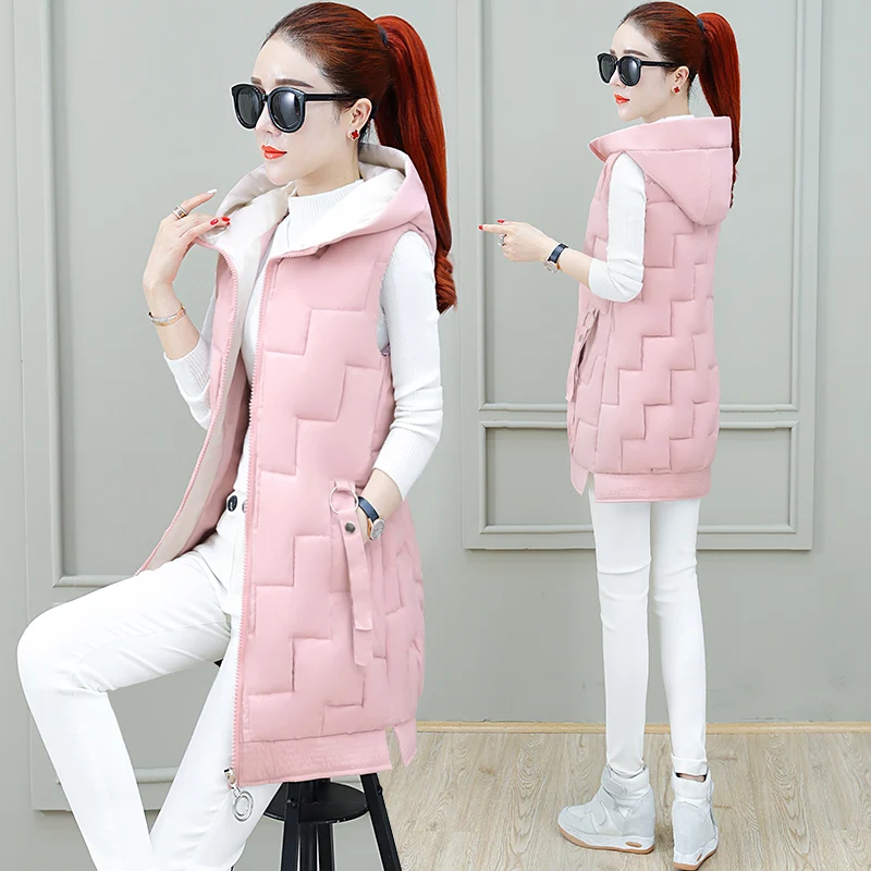 Женский хлопковый жилет на молнии с капюшоном Длинный безрукавка|Жилеты и