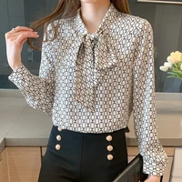 vintage plaid printed chiffon shirts elegant bow v neck long sleeve pullovers office lady commute loose blouses female clothing