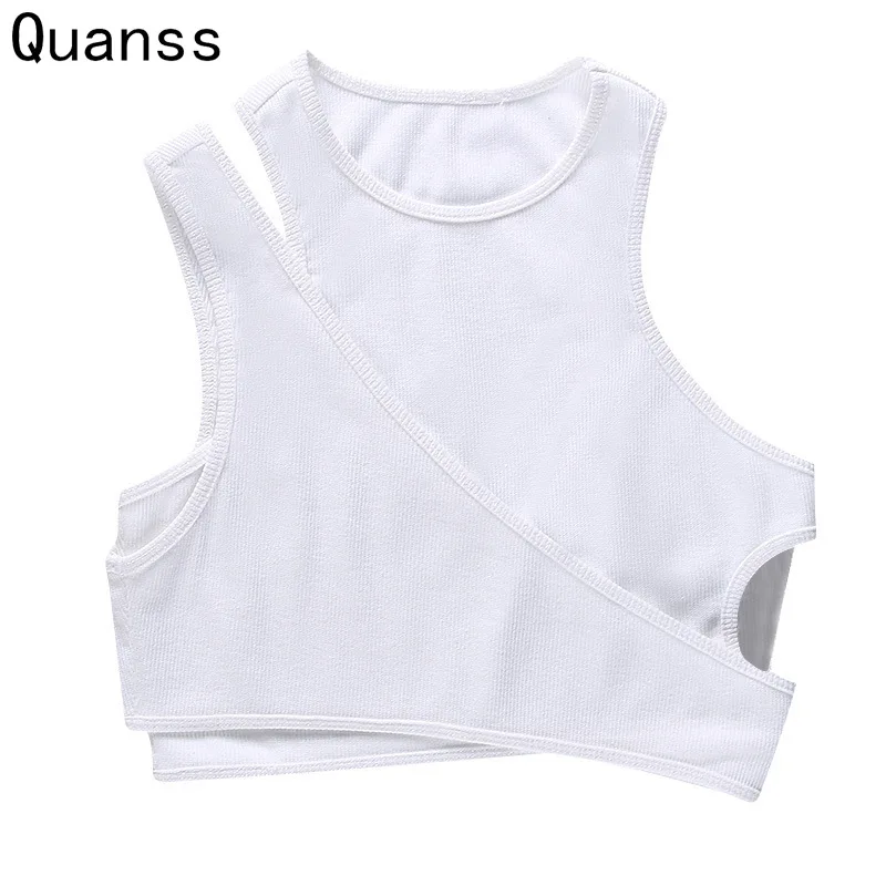 

Quanss Two Piece Vest Women Summer White Black Sexy Tank Tops Streetwear Crop Top Sleeveless Sexy Slim Club Fitness Outfits Y2k