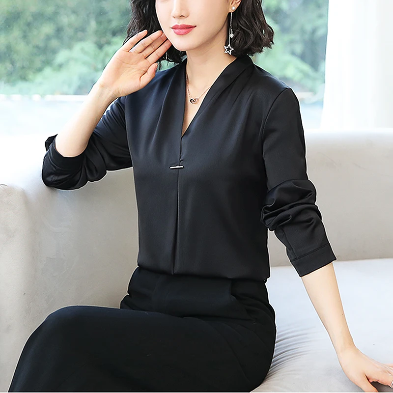 Шикарная Однотонная рубашка с длинным рукавом женская блузка v образным вырезом