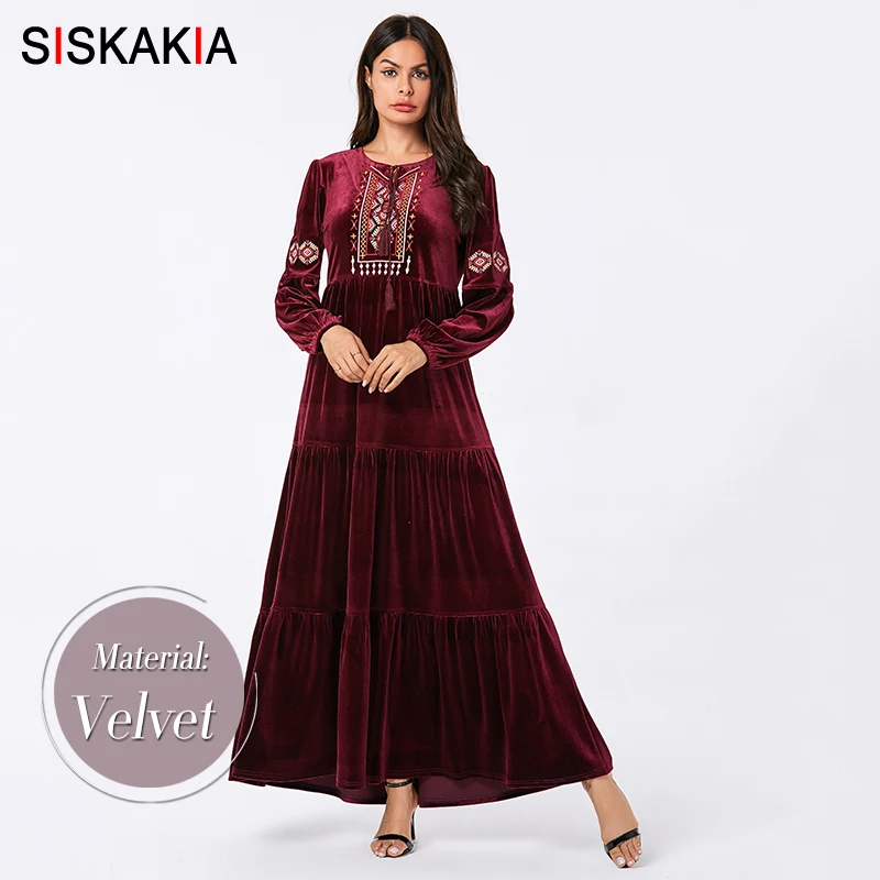 Red dress Бархатное Свободное длинное платье с этнической вышивкой, мусульманские платья с длинным рукавом, осень, арабское платье темно-синего цвета размера плюс - Цвет: Red dress