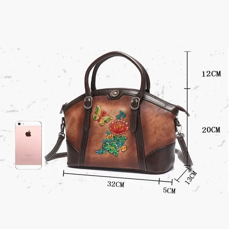 

Bestform New Vintage Hand Painted Large Capacity Luxury Handbags Women Bags Leisure Cowhide Genuine Leather Shoulder Bags