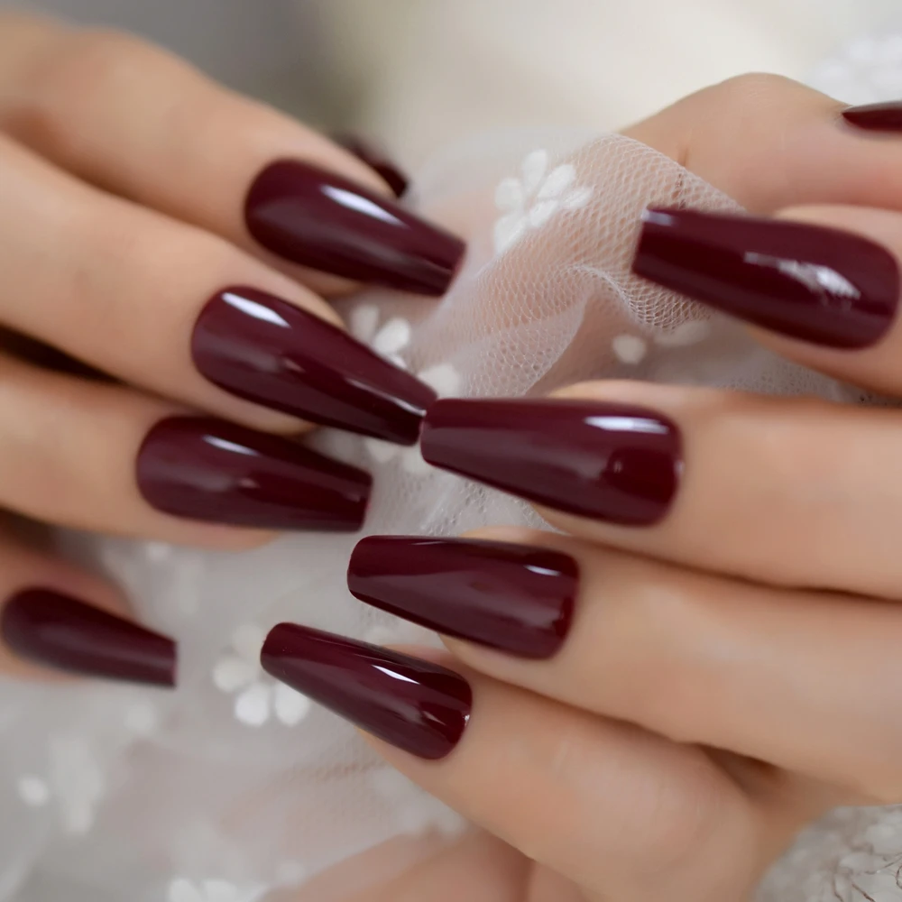 24pcs/set Glossy Dark Wine Red Press on Ballet False Nails Long Flat Top Coffin Ballerina UV Fingersnails Free Adhesive Tapes - купить по