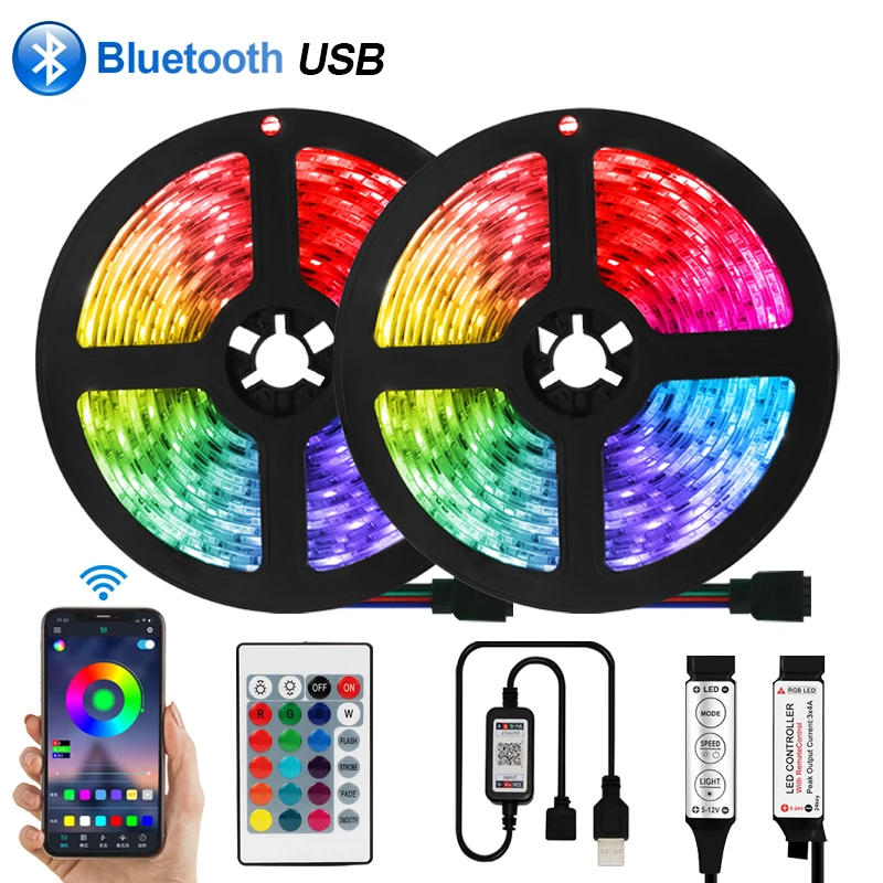 RGB 5050DC 5В Светодиодная лента гибкая Диодная для подсветки ПК ТВ Bluetooth USB 3Key Control IR