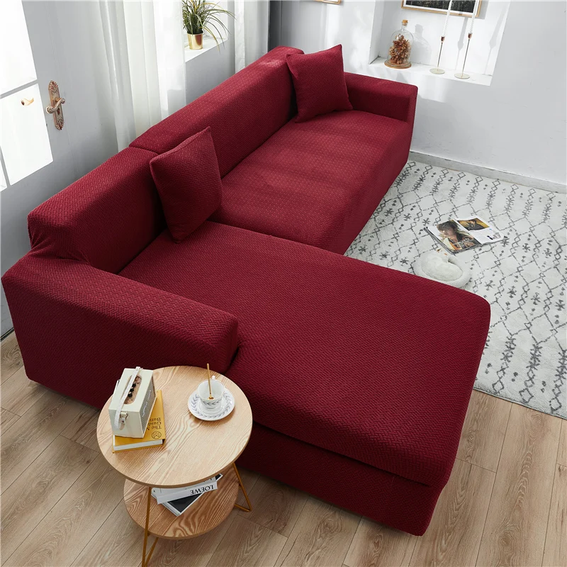 

Polar Fleece Fabric Wine Red Sofa Cover For Living Room Solid Color All-inclusive Modern Elastic Corner Couch Slipcover 45011
