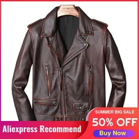 2021 vintage brown biker style genuine leather jacket men plus size 4xl real natural cowhide autumn slim fit motorcycle coat