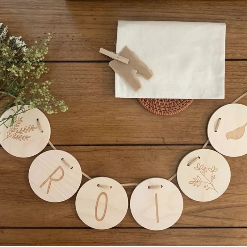 Juego de etiquetas de madera Natural con cuerda para decoraci&oacute;n de habitaci&oacute;n de ni&ntilde;os, cartel colgante con letras de tilo, decoraci&oacute;n de habitaci&oacute;n de beb&eacute;, fotograf&iacute;a de cumplea&ntilde;os, 1 Set-0