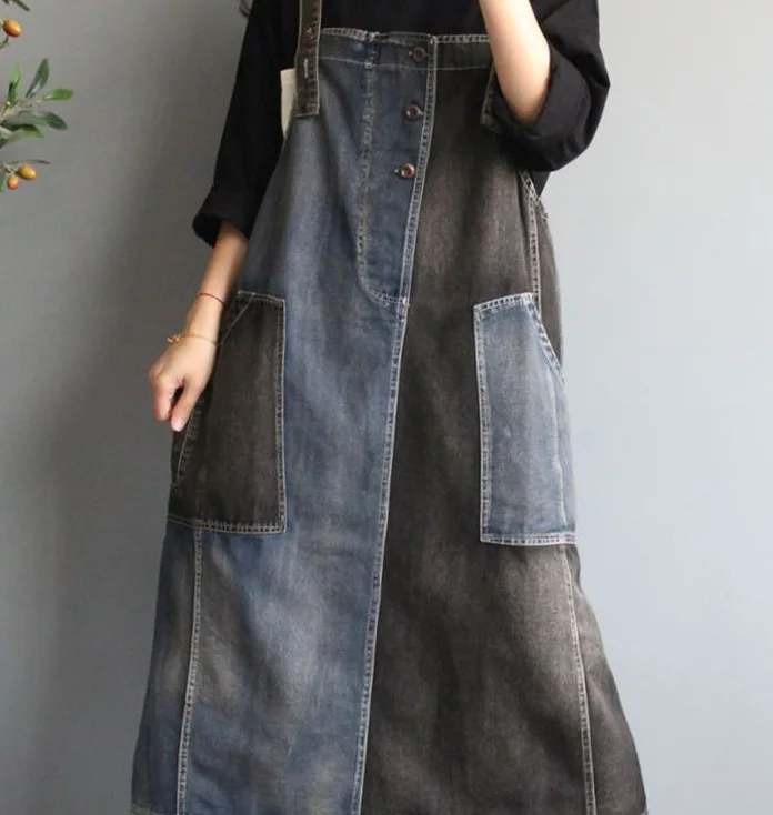 Spring Denim Skirts Women Patchwork Pockets Buttons Loose Fashion Female Casual A-Line Mid-Calf Length Braces Skirt Wild | Женская