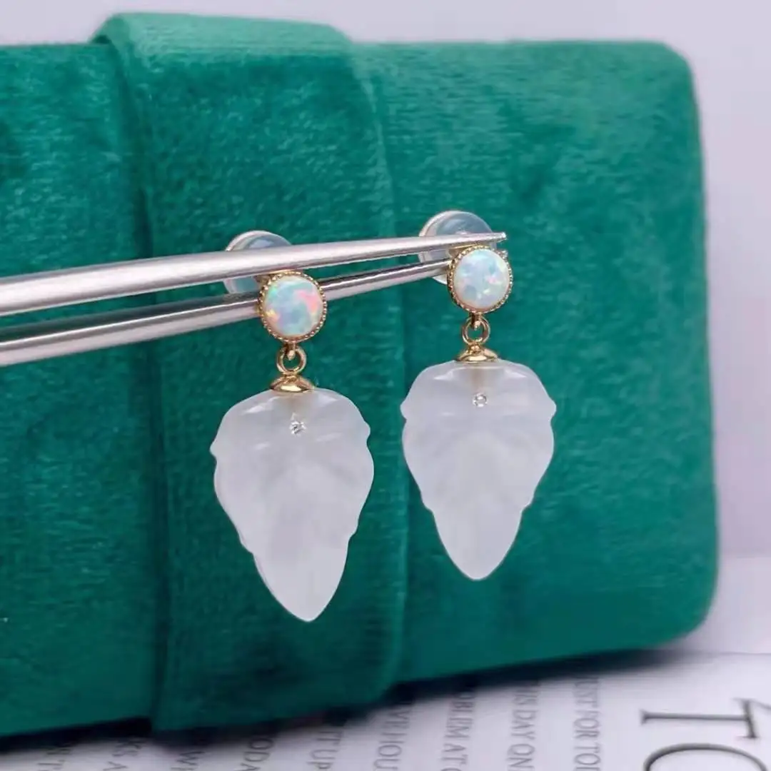 

SHILOVEM 18k желтое золото натуральная белая яшма серьги классические ювелирные изделия для женщин Свадьба Рождество 11*16 мм myme1116552hby