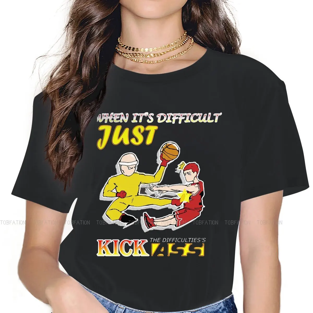 

Женская футболка с надписью «Kick with Saitaroro and Sakuragi Hanamichi»