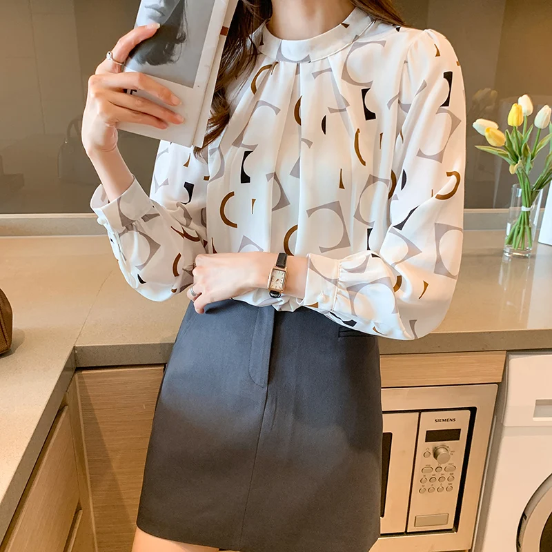 

Houthion Chiffon Shirt Slim Women's Blouses Long Sleeve Top New Casual Blouse Fashion O-Neck Printing Tops