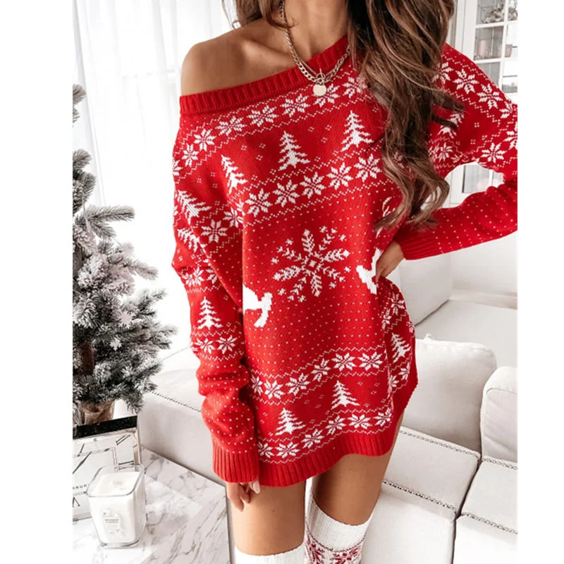 

Women Christmas Jacquard Knitted Dress Casual Loose Fit Long Sleeve O-neck Dress for Autumn Winter Red/White