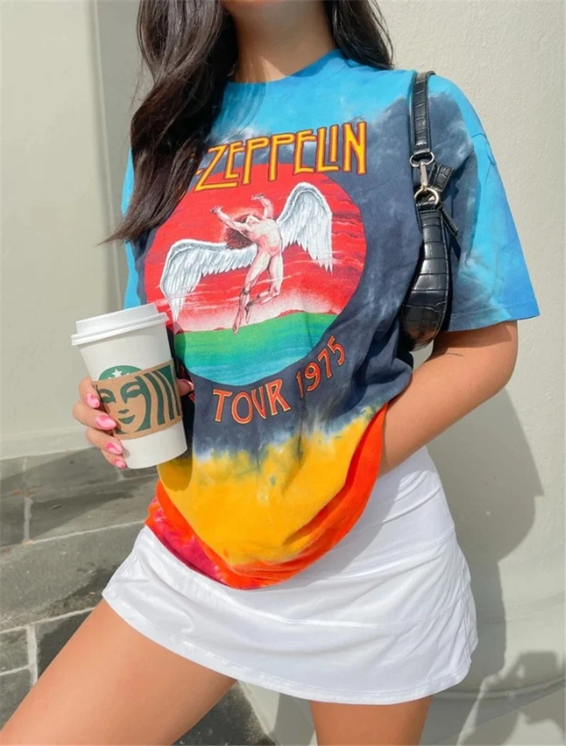 

Tie-dye Angel Print Short Sleeve O-neck Pullover Women Summer Fashion Casual T-shirt Loose Plus Size Tops All-match Commute Tees