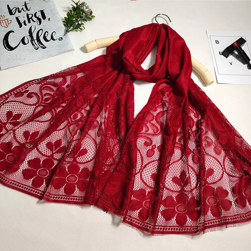 Женский Тонкий шелковый шарф длинный однотонный кружевной с кисточками и