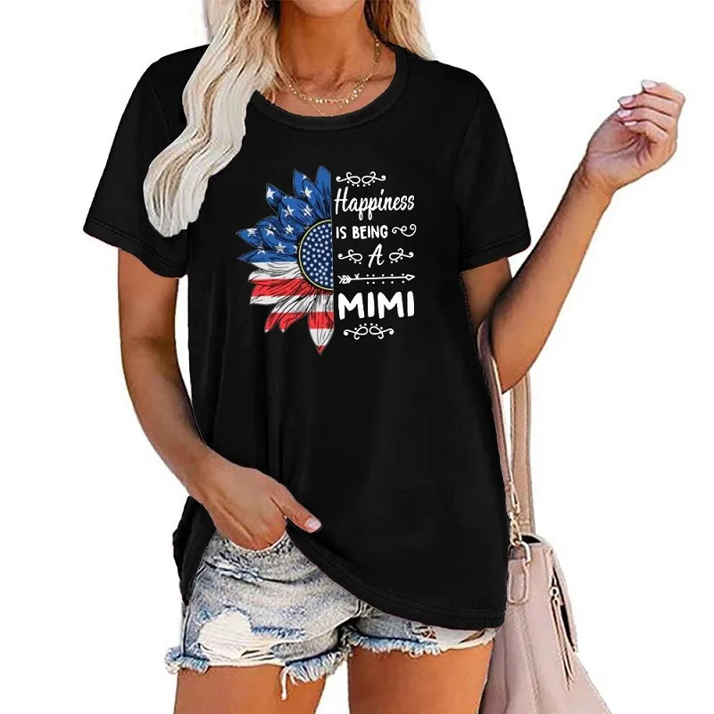 

Summer European And American Independence Day English Sunflower Print Oversize Short Sleeve Ladies T-shirt Fashion Ladies Top