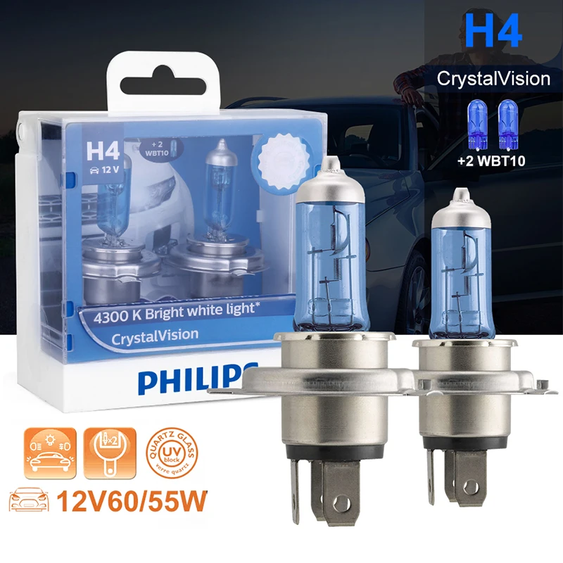 Philips H4 галогенная лампа 55 Вт 12 В Crystal Vision 4300 K, яркий белый светильник, аксессуары для дальнего и ближнего света, автомобильная лампа, мотоциклетный головной светильник, 2 шт