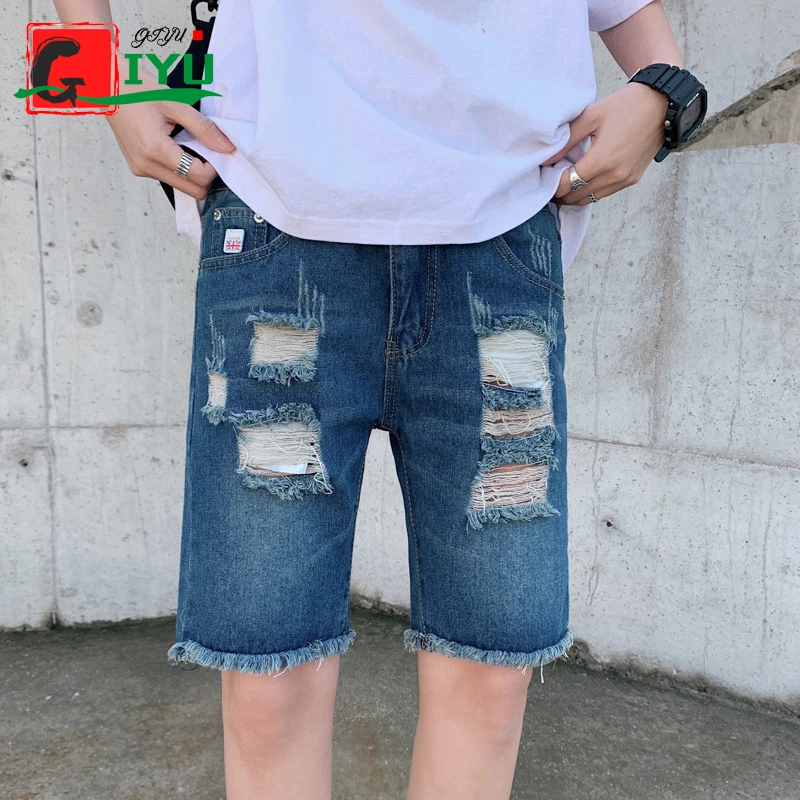 

Summer Boys Short Pant Blue Cargo Jeans Boyfriend With Hole Fashion Teenage Studuent Pant Denim Jeans Shorts Middle Keen Length