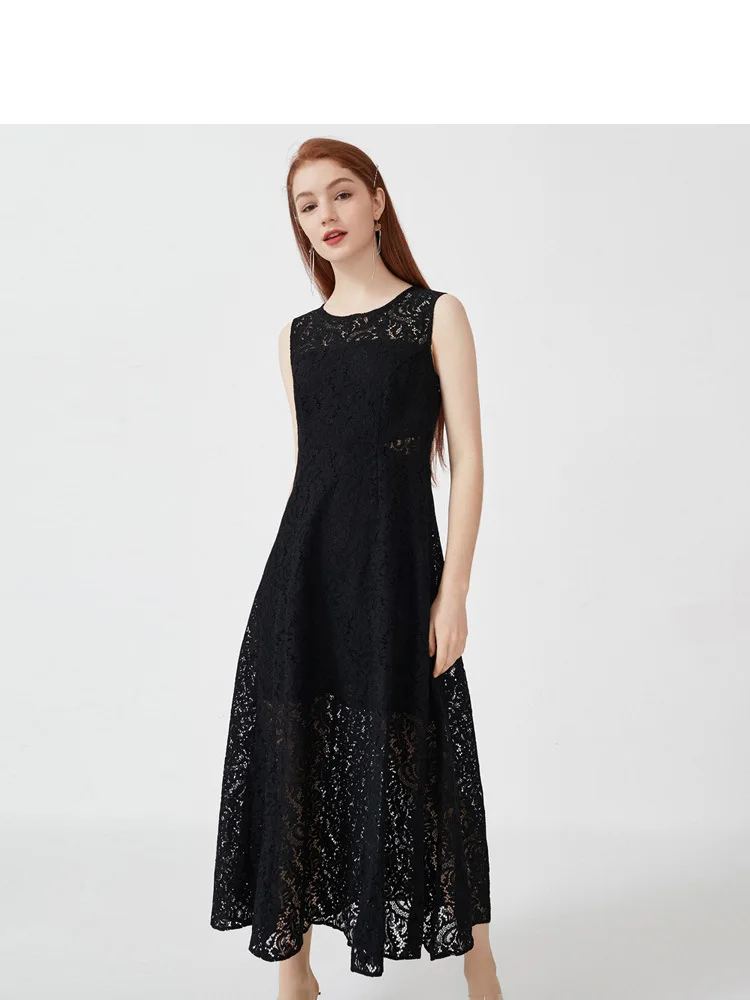 

Sexy Slit Women Formal Dresses O-Neck Sleeveless Long Skirt Spring Summer New Fit And Flare Evening Dress Lace Floral Trim Gown