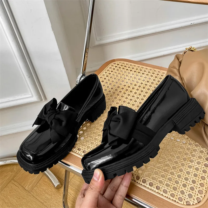 

Meotina Bow Genuine Leather Platform Mid Heel Shoes Women Chunky Heels Dress Pumps Square Toe Slip On Female Footwear Brown 41