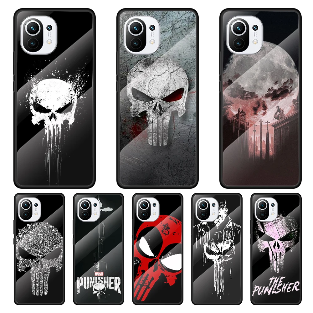 

Marvel Punisher Skull Tempered Glass Cover For Xiaomi MI 11 Ultra 11i 10T 9T Note 10 Lite CC9E CC9 Pro Phone Case