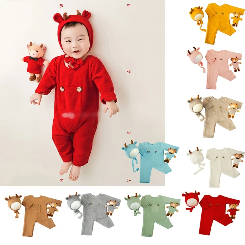 

2021 Newborn Photography Props Suit Ox Year Jumpsuit Hat Cow Doll Infant Outfits J60B