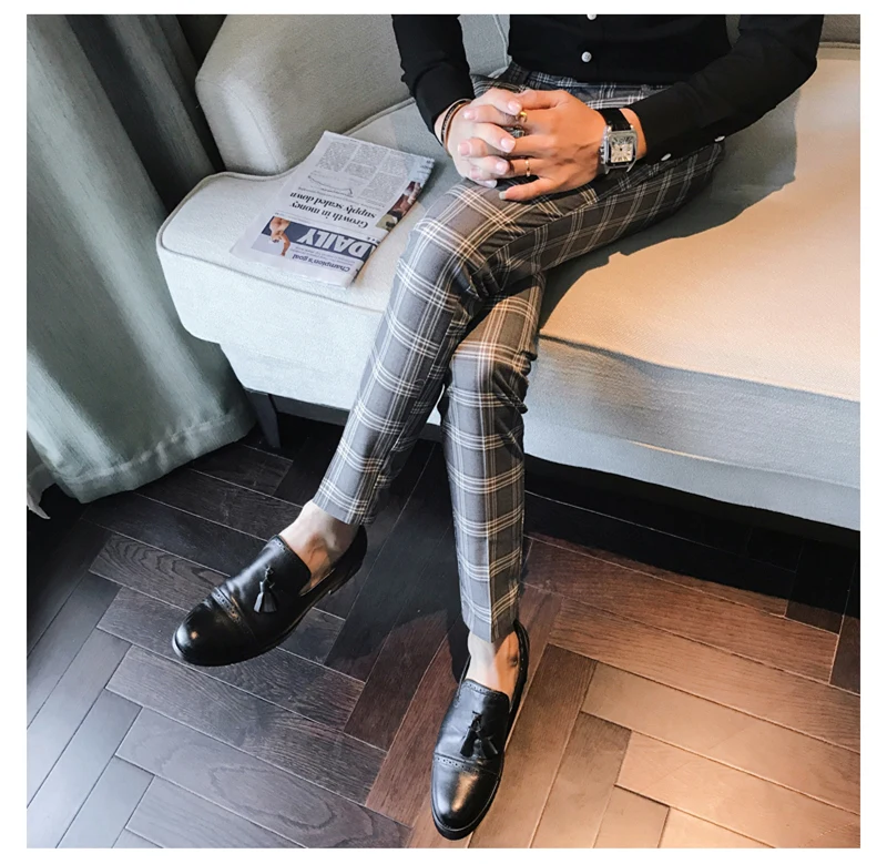 Серый синий мужской Клетчатый костюм брюки Slim Fit лодыжки костюм брюки для мужчин классическое деловое офисное платье формальный клетчатый костюм брюки P13