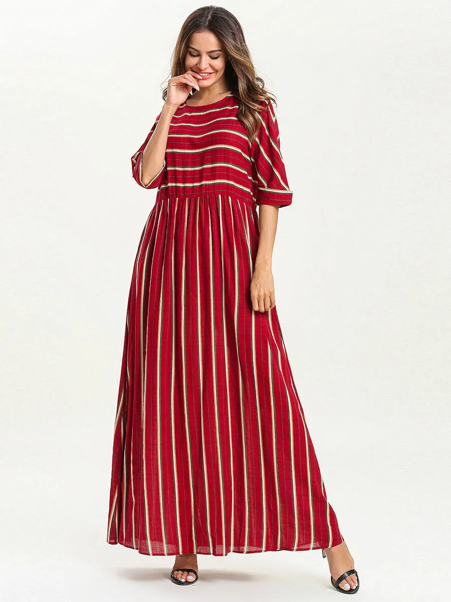 

Stripe Muslim Abaya Dress Women Short Sleeves Big Swing A-line Long Dresses Elbise Islam Dubai Turkey Islamic Clothing Musulman