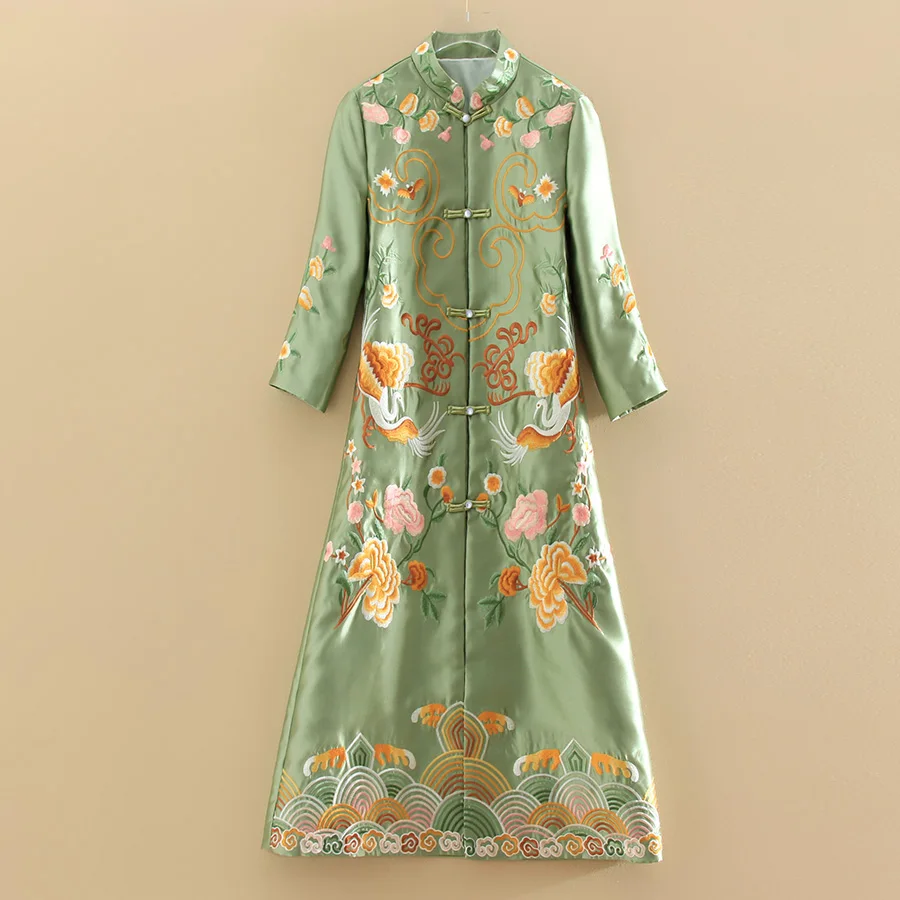 Элегантная женская верхняя одежда Осенний этнический Тренч-саржа сатин с