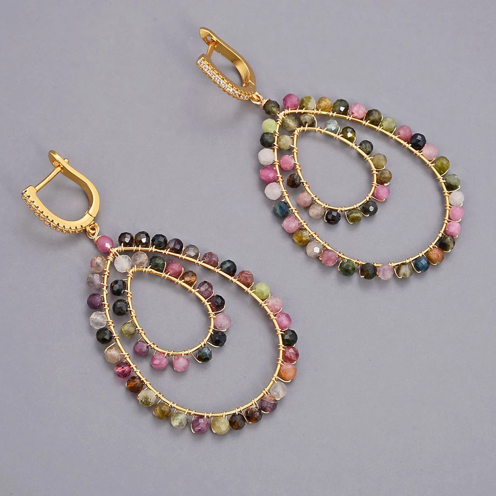 

Jewelry Natural Teardrop Multi Color Tourmaline Cz pave Lever back Dangle Earrings