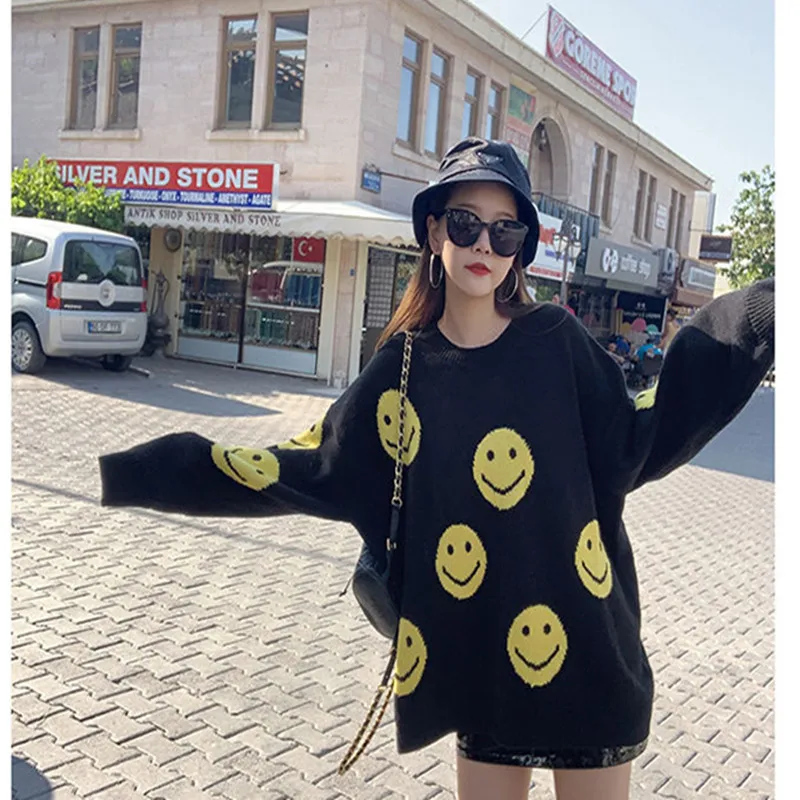 

Kpop Ins Women Autumn Winter Knit Pullovers Fashion Tide O-Neck Smiley Face Streetwear Vintage Y2k Feamle Loose Casual Knitwear