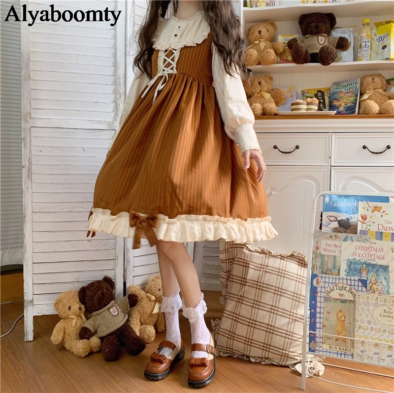 

Japanese Lolita Style Women Princess Dress Ruffled Collar Patchwork Stripe Bandage Bow Dress Cute Kawaii Ruffles Christmas Dress