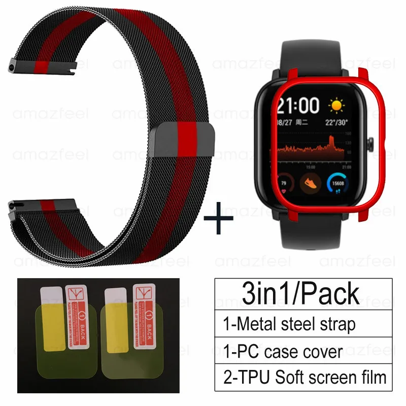 black red-red 3 в 1 Аксессуары для Amazfit GTS ремешок с чехол металлический Миланский Браслет для Huami Amazfit GTS Band Защитная пленка для экрана - Цвет: black red-red