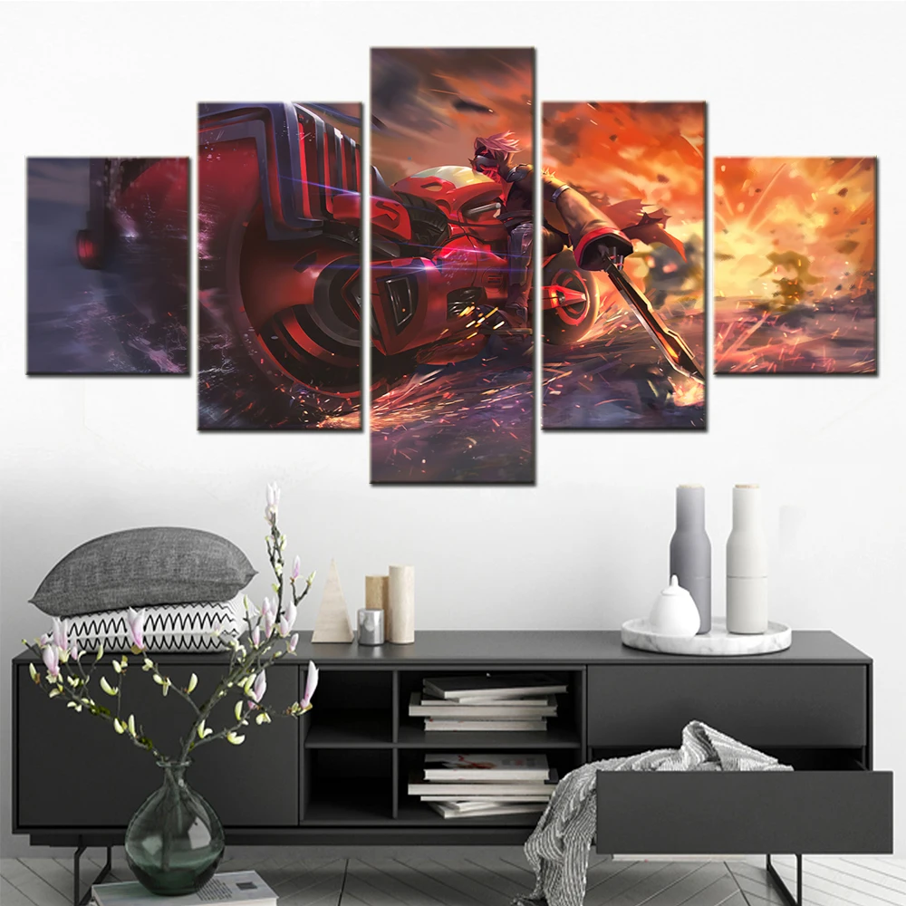 

5 Piece Canvas Painting Riding Motorcycle Fire Wall Art Picture Living Room Decoration Modular Posters Bedroom Wall Framework