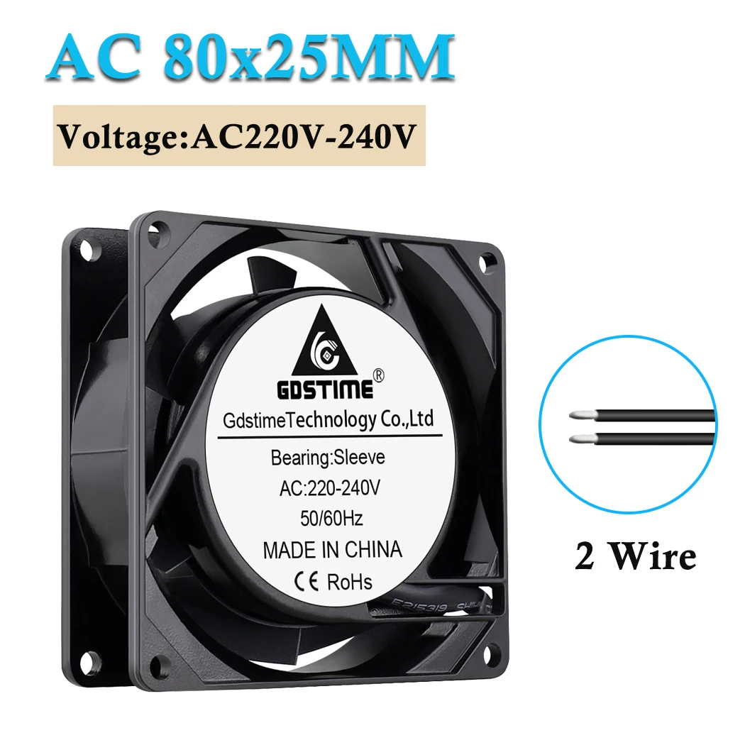 

1PCS Gdstime AC 220V 240V 2wire 8CM 80x25mm 8025 Computer Brushless Cooler Cooling Fan Radiator Axial Fans